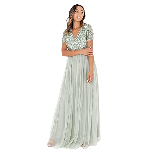 Maya Deluxe Green Lily V Neckline Embellished Maxi Dress Vestido de Dama de Honor, Verde, 8 para Mujer