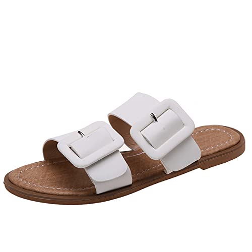 Moda verano mujeres sandalias fondo suave plano punta abierta cinturón hebilla playa zapatillas casual zapatos deportivos chica suave, blanco, 40 EU