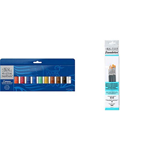 Winsor & Newton - Juego de tubos de pintura para acuarela (8 ml, 12 unidades) + Pinceles de Acuarela, Madera, Multicolor, 7 x 1 x 4.3 cm, 6 Unidades