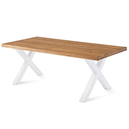 COMIFORT Mesa de Comedor Madera Roble - Mueble para Salón Oficina Despacho Robusto y Moderno de Roble Macizo Barnizado Color Ahumado, Canto Recto y Patas de Acero X-Forma Blanco (180x90 cm)