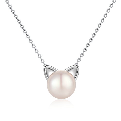 jiamiaoi Collar de gato Collar de perlas de plata Colgante Collar de cadena de gato femenino Chica Collar de perlas de plata 925 Collar de gato lindo Joyas de gato de plata Collar de niñas 10mm