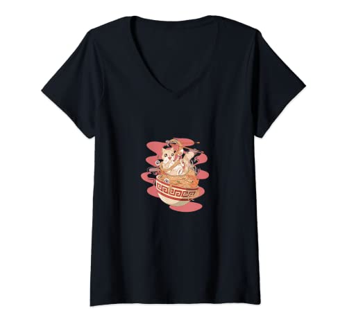 Mujer Divertida camiseta de dibujos animados de gato en un recipiente para pasta, diseño de gato Camiseta Cuello V