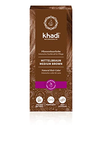 khadi MEDIUM BROWN tinte vegetal, coloración para Marrón canela vivo y cálido a marrón medio fuerte y profundo, color natural 100% vegetales, naturales y vegano, cosmética natural certificada, 100g