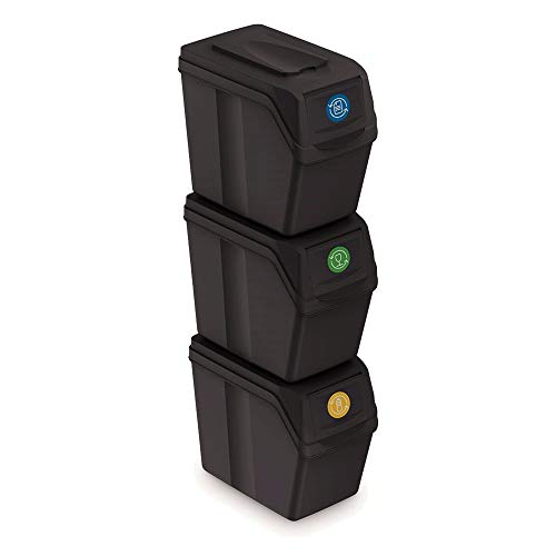 Prosperplast Juego de 3 cubos de reciclaje con capacidad de 60 litros de compartimentos en color antracita 39x23x33 cm
