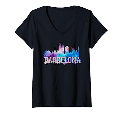 Camiseta Barcelona – Skyline Acuarela Arte Recuerdo Regalo Camiseta Cuello V