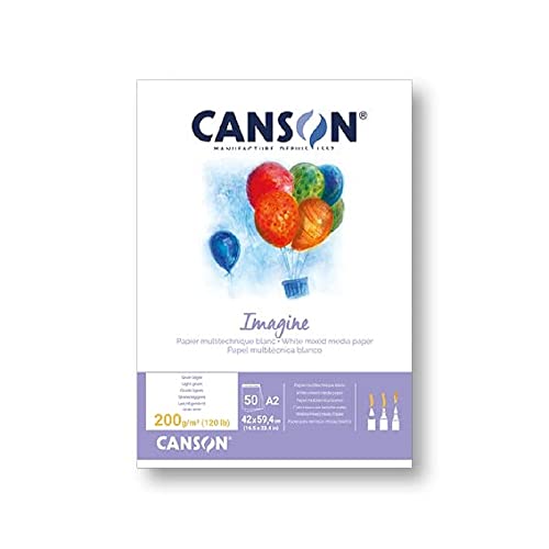 Canson Imagine, Papel Mixed Media, Grando ligero, 200g, Encolados por el lado corto, A2-42x59,4cm, Blanco natural, 50 Hojas
