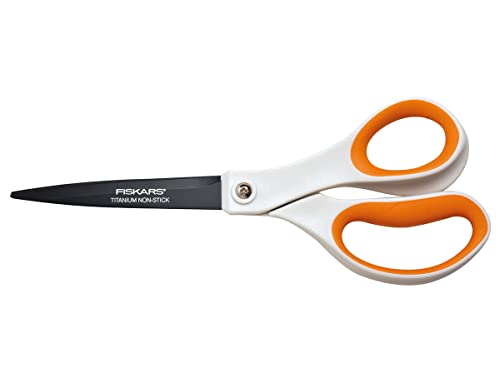 Fiskars Tijeras antiadhesivas Universales, Longitud: 21 cm, Revestimiento de titanio/Acero inoxidable plástico, Blanco/Naranja, 1004721