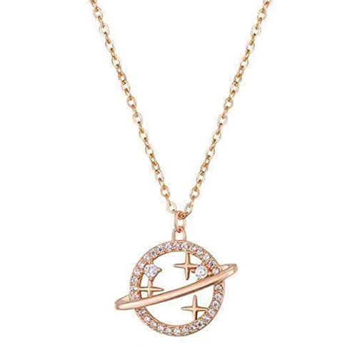 HESHS Collar De Planetas Para Mujer Collares Colgantes De Saturno Collar De Circonita Brillante Cadena Novia Cumpleaños Regalo Del Día De San Valentín Color: (Oro rosa Plata) 2PCS,Rose gold