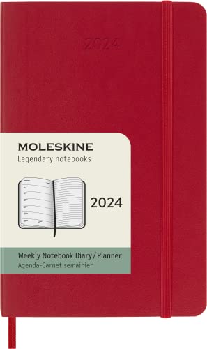 Moleskine Agenda Semanal con Espacio para Notas 12 Meses 2024, Agenda 2024, Formato Pocket 9x14, Tapa Suave y Cierre Elástico, Color Rojo Escarlata