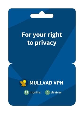 Mullvad VPN Tarjeta de software 2022 | Suscripción de 12 meses para 5 dispositivos, compatible con Windows y MacOS | Proteja su privacidad con el software fácil de usar de Mullvad