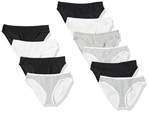 Amazon Essentials Braguita de bikini de algodón (disponible en tallas grandes) Mujer, Pack de 10, Negro/Blanco Brillante/Gris, 44