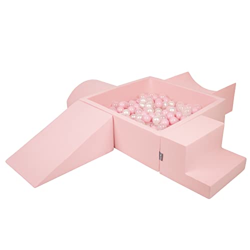 KiddyMoon Parque Infantil De Espuma con Cuadrada Piscina De Bolas (300 Bolas) para Niños, Rosa:Rosa Claro/Perla/Transparente