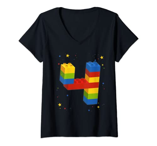 Mujer Bloques de construcción cumpleaños niño niña 4 años ladrillos regalo Camiseta Cuello V