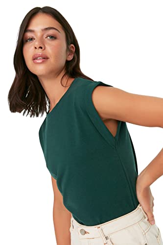 Trendyol Mujer Más Sostenible Regular Estándar Cuello Redondo Camiseta Tejida Camisa, Verde Esmeralda, S
