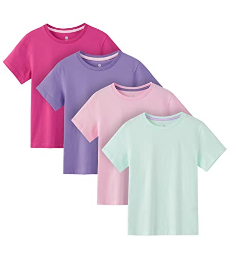 LAPASA Camiseta Niño & Niña (Pack de 4) Camisetas Manga Corta Blanca & Colores Unisex 100% Algodón K01 5-6 años Rosa Oscuro + Rosa Claro + Púrpura + Aqua