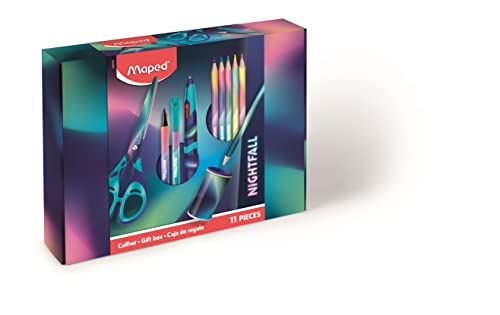 Maped - Estuche de regalo de 11 piezas Nightfall - 1 tijeras + 1 cortalápices + 1 lápiz grafito + 2 rotuladores punta fina + 1 bolígrafo de 4 colores Twin Tip + 5 lápices de colores