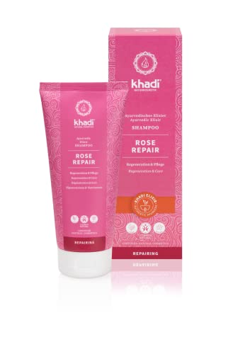 khadi ROSE REPAIR Champú ayurvédico, 100% naturales, veganos, sin silicona ni sulfatos, regeneración intensiva y cuidado nutritivo para cabellos estructuralmente dañados, Cosmética natural, 200ml