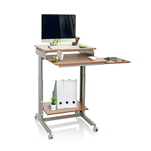 hjh OFFICE 830020 Mesa Portátil Ordenador Workstation Haya, Escritorio de Pie Mesa Auxiliar con Ruedas, Mesita Regulable Altura 71,5-107,5 cm, pequeño