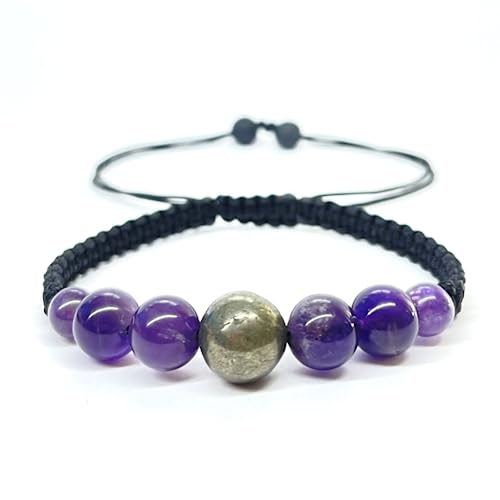 Julutha Pulsera piedras naturales. Pulsera Amatista y Pirita, hecha a mano con hilo de nylon. (Amatista)