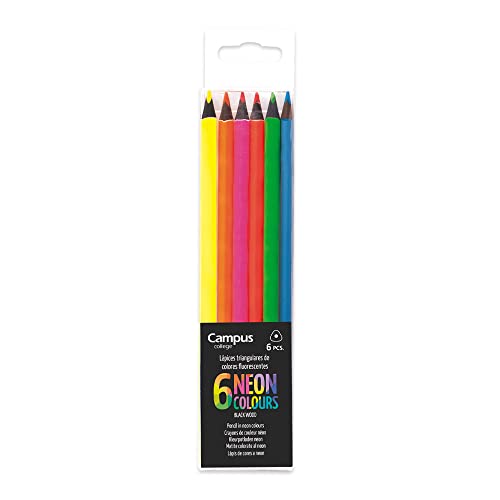 Campus College - Lápices de colores Neón, Pack 6 lápices triangulares color flúor, para Adultos y Niños, Ideal para Colorear, Mandalas, Muy pigmentado, perfectos Material Escolar