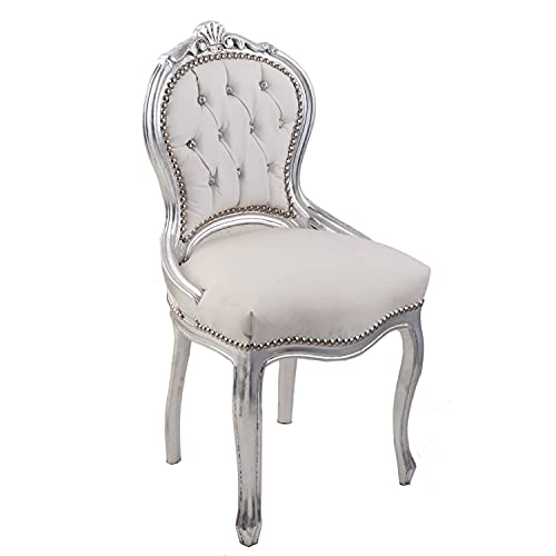 Sillón Barroco - Estilo Luis XIV° - Silla de caoba Plata y Eco Piel Blanco Perla