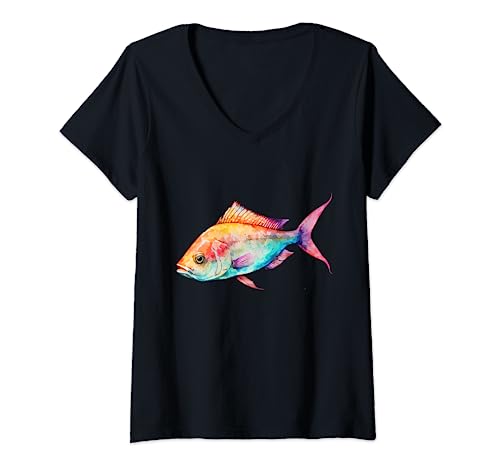 Mujer Hermoso pez colorido, camiseta colorida acuarelas mar del sur Camiseta Cuello V