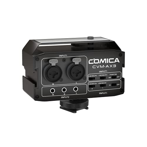 comica Mezclador de Audio CVM-AX3 Adaptador de micrófono de cámara de Doble Grupo con Entrada de 3.5 mm/XLR / 6.35 mm, preamplificador para cámara/videocámara Canon Sony DSLR Vlogging de Youtube