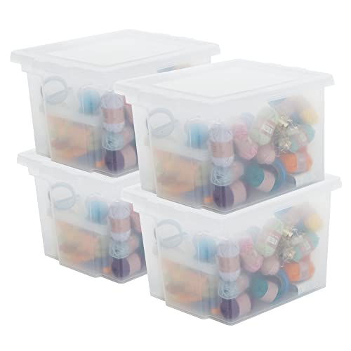 Iris Ohyama, Caja de almacenamiento, Caja de almacenamiento Multifunción, Juego de 4 cajas de plástico de 10 L, Tapa, Asa ergonómica, Oficina, Hogar - DDUSB-S - Transparente