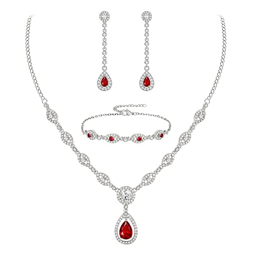 EVER FAITH Juegos de Joyas Mujer Circonita Cúbica Lágrima Collar Pulsera Pendientes Conjunto para Regalo Rojo Tono Plateado