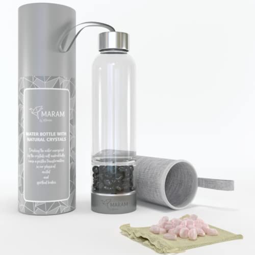 Maram - Botella de cristal con piedras minerales de 450ml - Bebe agua energizada con Cristales naturales curativos - Botella de agua con Cuarzo rosa y Obsidiana negra