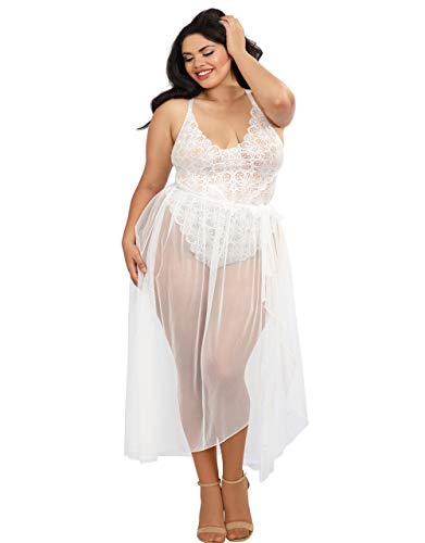 DreamGirl Plus Size Lace Teddy and Sheer Wraparound Skirt Lencera, Blanco, 1X para Mujer