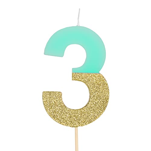 1 Unidad - Vela de Cumpleaños (número 3) de Color Verde Menta Pastel con Efecto Glitter Dorado de 7 cm - Decoración para tartas, Cumpleaños, Aniversario de Bodas, Fiesta de Graduación