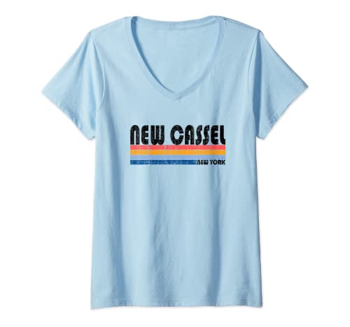 Mujer New Cassel, NY Hometown Pride, estilo retro de los 70 y 80 Camiseta Cuello V