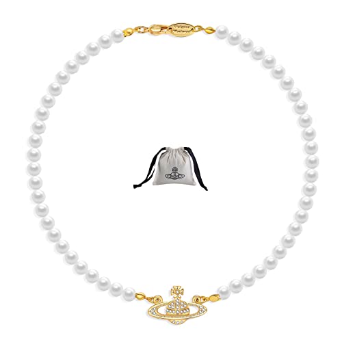 Hipwope Planet Perlenkette für Damen Perlen Saturn Kristall Strass Halskette Beste Freundin Freundin Geburtstag Jubiläum Schmuckgeschenk, Cristal Oro, Perlas,Diamantes