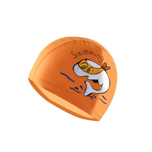 Gorro natación niños, Gorro Piscina para niñas y niños de 6 a 12 años, Dibujos Animados de Delfines, Tela de PU cómoda (Naranja)