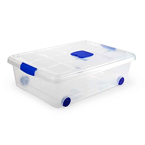 AC - Caja de ordenación con tapa y ruedas de plástico transparente Nº 6. Contenedor para almacenar juguetes, libros, ropa, mantas. Capacidad 31 litros. Dimensiones aprox.: 18,5 x 60,3 x 43 cm