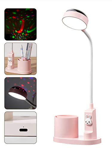 Lámpara de Escritorio LED, Lámpara de Escritorio Infantil con Proyector de Estrellas para Niños,Lámpara de Mesa USB Recargable,Lámpara de Mesa con Portalápices Regulable 3 Modos Luz Lectura(Rosa)