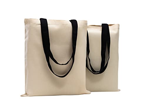 POLHIM® Set de 2 Bolsa de algodón Tote Bag Tela Bolsos Reutilizables, Natural 220 g / m2-Dimensiones: 38 x 42 cm-Asas largas negras 70 cm-Natural -100% algodón