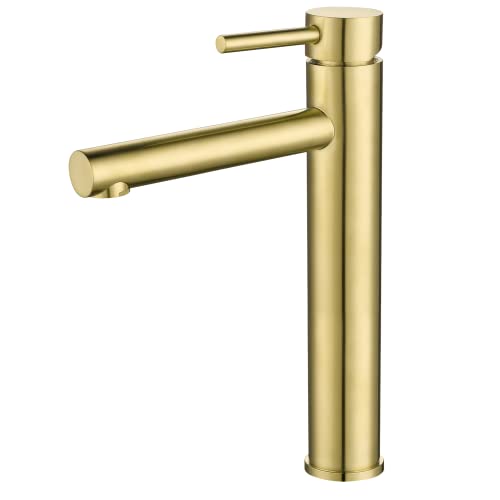 VALAZ Grifo de pica monomando redondo dorado cepillado para lavabo con caño recto mezclador agua fría y caliente de latón en color oro mateSerie Palancia