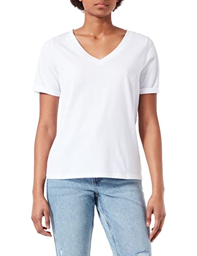 PIECES Pcria SS-Camiseta de Manga Corta con Cuello de Pico, Blanco Brillante, S para Mujer