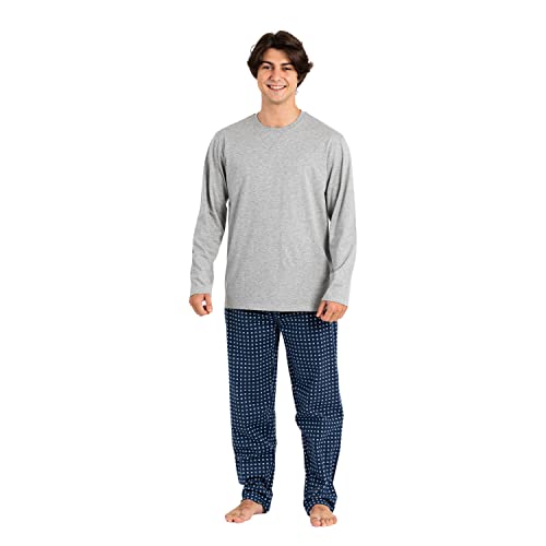 PimpamTex Pijama Franela de Hombre con Camiseta Manga Larga y Pantalón, Conjunto de Pijama de Invierno 100% Algodón y Franela para Hombre y Chico - (XL, Klaus Gris Perla)