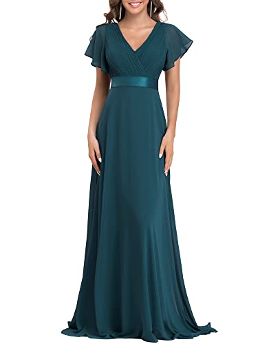 Ever-Pretty A-línea Vestido de Noche Cuello en V Manga Corta Gasa Corte Imperio para Mujer Verde Azulado 44