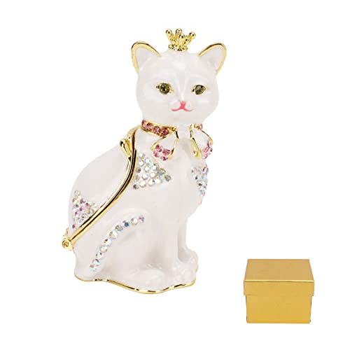 JYCRA Caja de Baratija con Forma de Gato con Diamantes de Imitación, Joyero Pequeño Pintado a Mano para Boda en Casa