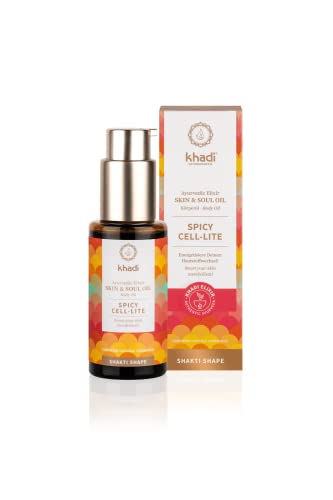 khadi SPICY CELL-LITE Ayurvedic Elixir Skin & Soul Oil, aceite anticelulítico, estimula la circulación sanguínea y el metabolismo de la piel, 100% herbal, naturales y veganos, cosmética natural, 50ml