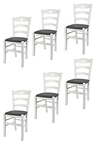 t m c s Tommychairs - Set 6 sillas Cuore para Cocina y Comedor, Estructura en Madera de Haya barnizada Color Blanco y Asiento tapizado en Polipiel Color Gris Oscuro