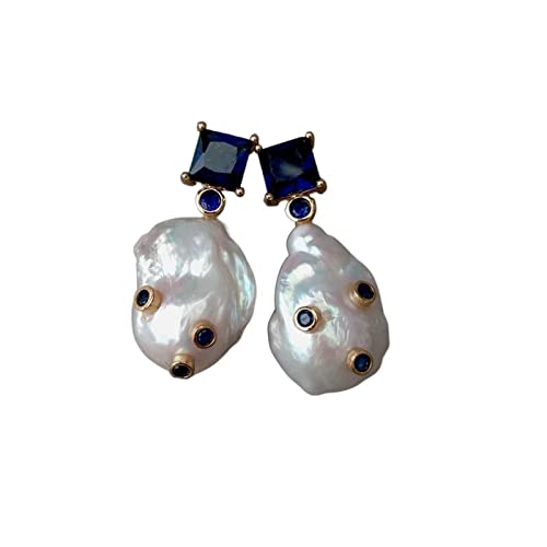 JENKEM Pendientes de tuerca cuadrados de diamantes de imitación con perlas barrocas y circonitas cúbicas blancas cultivadas