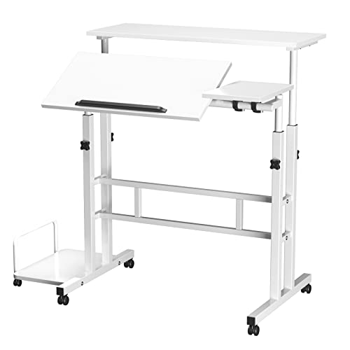 VIVOLILV 80 x 60 cm Mesa de ordenador portátil de altura regulable escritorio móvil con mesa ajustable, ruedas giratorias, para dormitorio, oficina, cama, sofá blanco