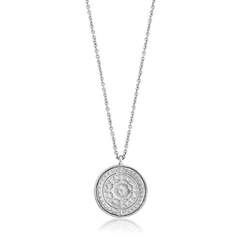 Collar largo de plata de ley 925 con colgante de moneda romana martillado para mujer, rodio blanco, Metal