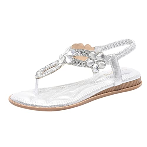 Sandalias de mujer confort con correa en el tobillo elástico casual zapatos de playa bohemio moda cristal zapatos casuales con flores Botines Tacones para mujeres, blanco, 37 EU