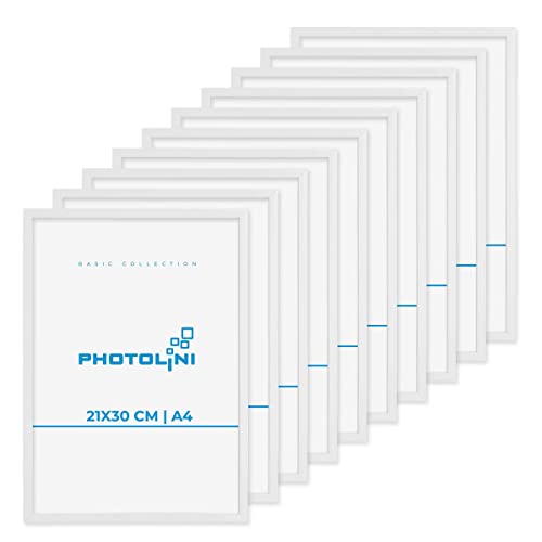Photolini Juego de 10 Marcos de plástico Blanco 21x30 cm/DIN A4 con Cristal acrílico Incluyendo Accesorios/Collage de Fotos/galería de imágenes